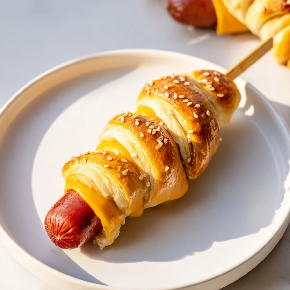 Melty cheddar-stuffed Firecracker Hot Dogs on a tray, perfect for summer