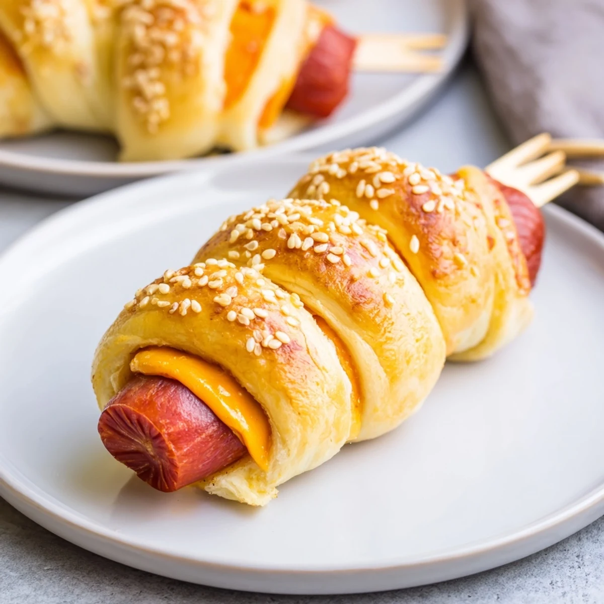Golden baked Firecracker Hot Dogs wrapped in crescent dough, butter-glazed