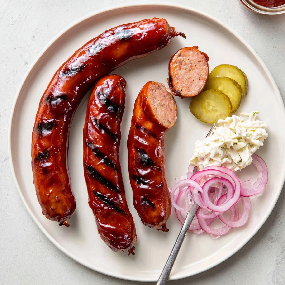 BBQ Sausage Recipe: caramelized grilled sausages glazed with tangy sauce, steam rising