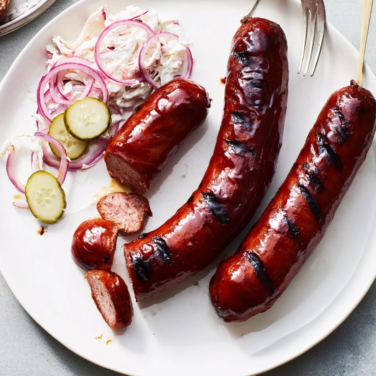 Homestyle BBQ Sausage Recipe served in toasted buns with crisp pickles