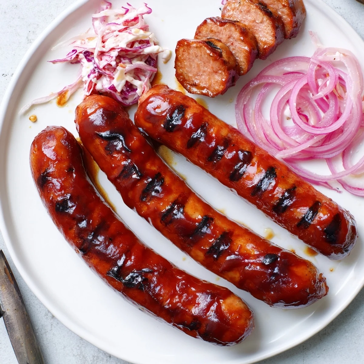 Smoky BBQ Sausage Recipe grilled at medium heat, brushed with glossy sauce