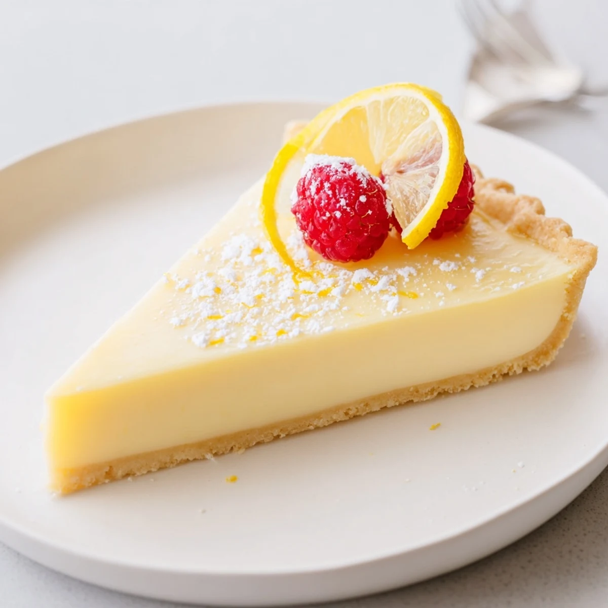 Creamy Lemon Tart Recipe with silky filling, crisp buttery crust, powdered sugar dusting