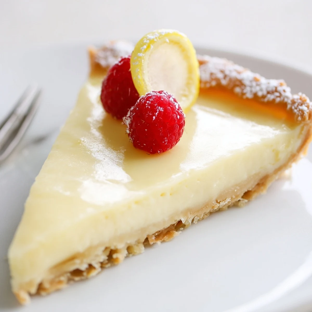 Bright zesty aroma and silky slice of Creamy Lemon Tart Recipe on plate