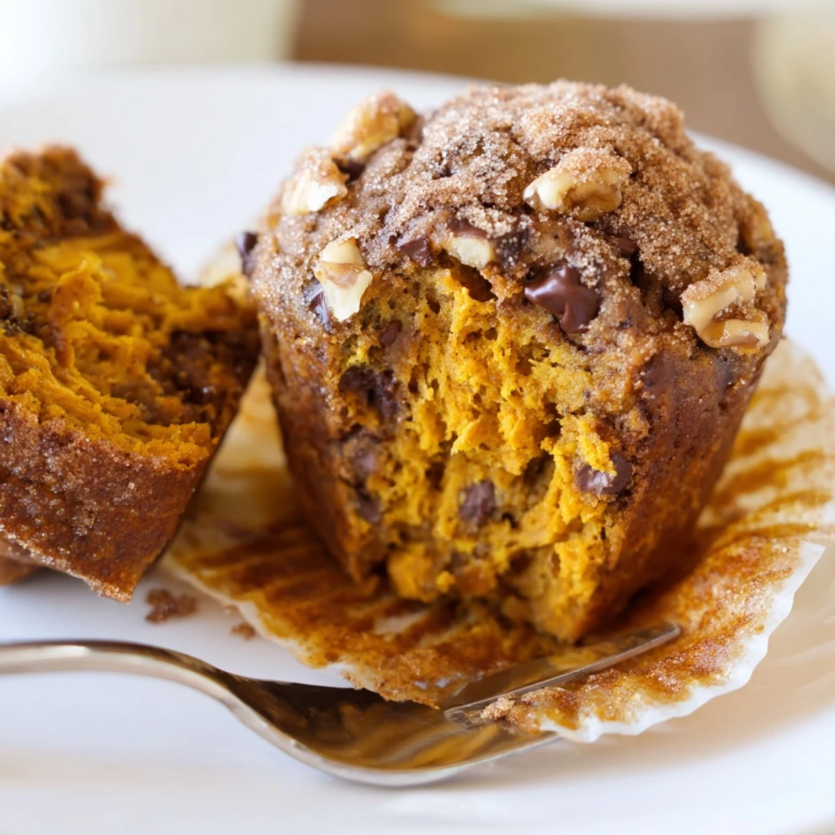 Moist Pumpkin Banana Muffins speckled with cinnamon and nuts, served with coffee