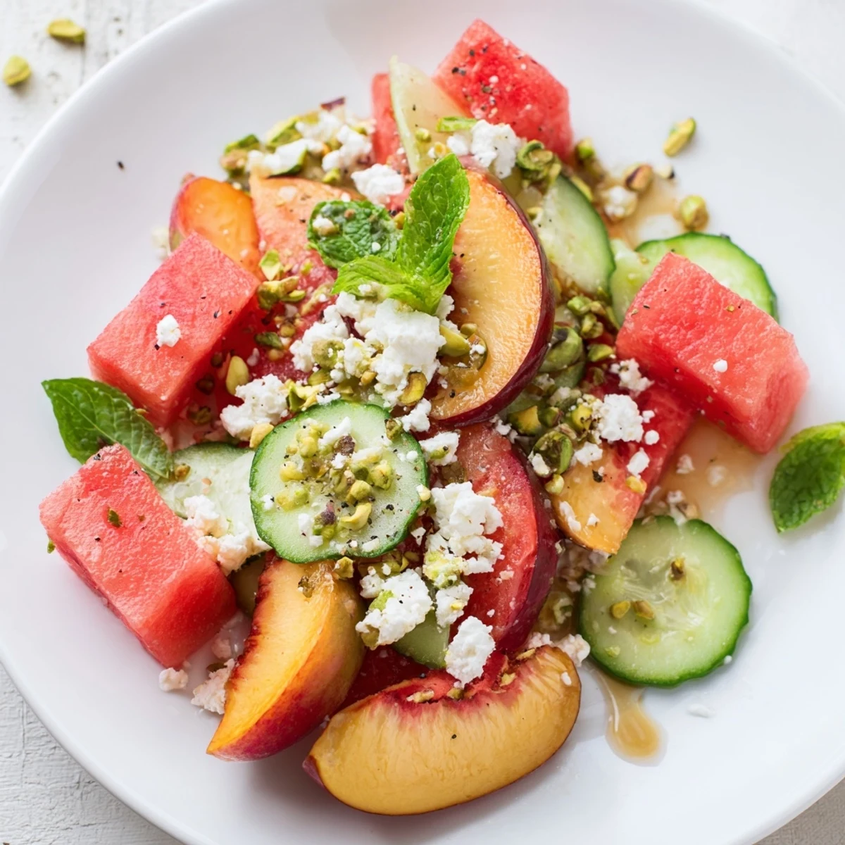 Summer Peach Watermelon Salad with mint, feta, and honey-lime drizzle, chilled.