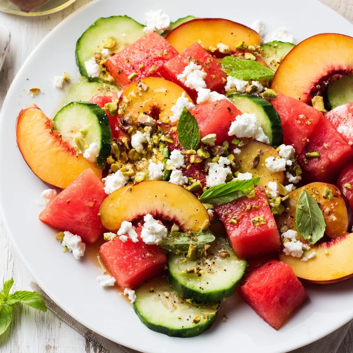 Refreshing citrus-kissed Summer Peach Watermelon Salad served on platter for picnics.