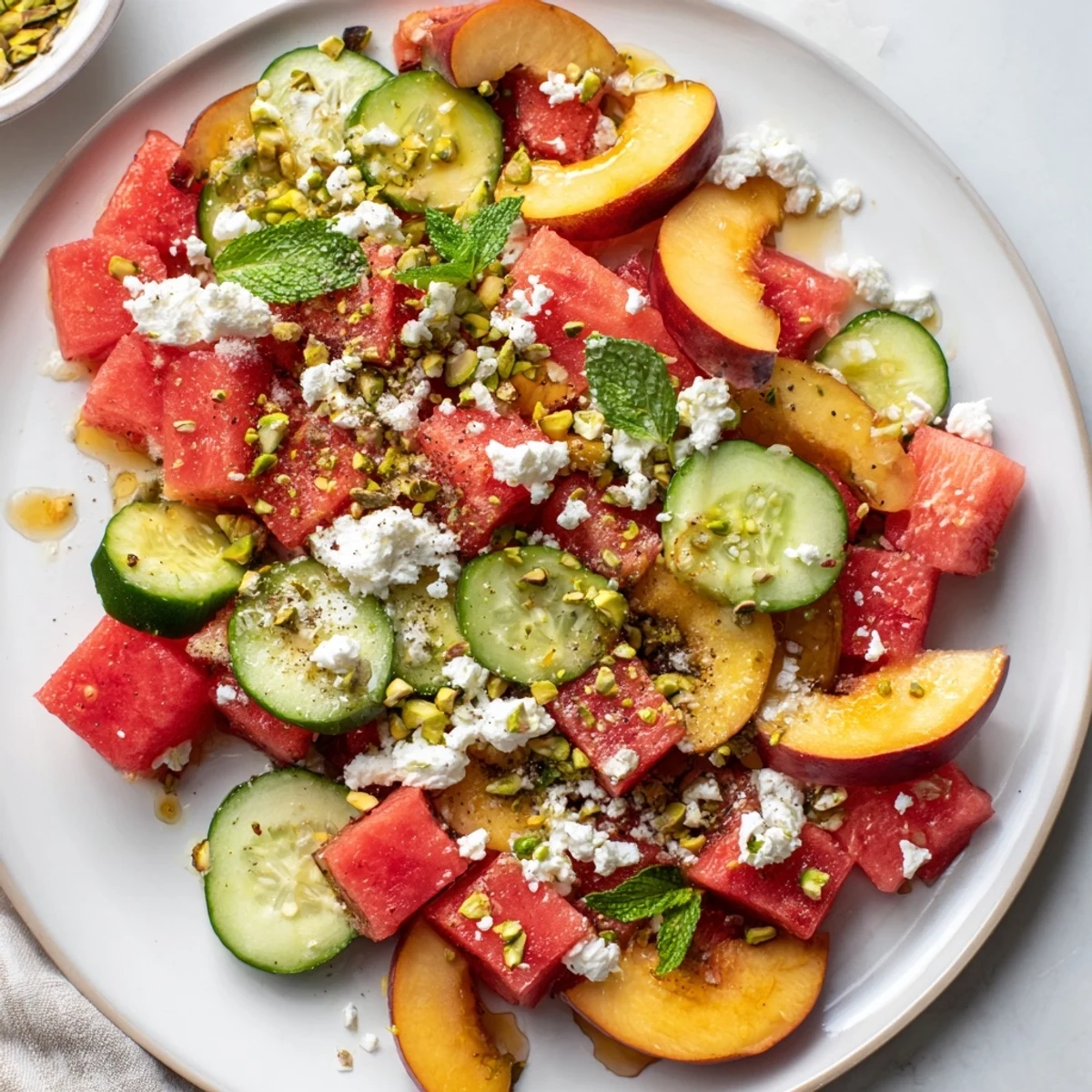 Tossed cucumber, basil, and pistachios brighten the Summer Peach Watermelon Salad.