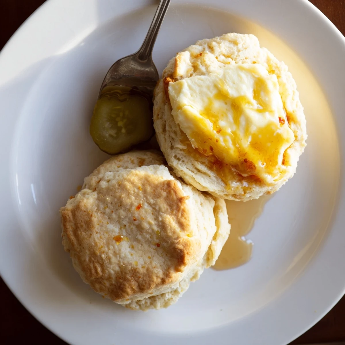 Hot Honey Chicken Biscuits with golden fried chicken and glossy spicy honey drizzle