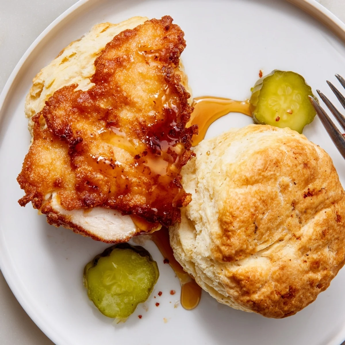 Warm Hot Honey Chicken Biscuits split open, fluffy buttermilk interior steaming