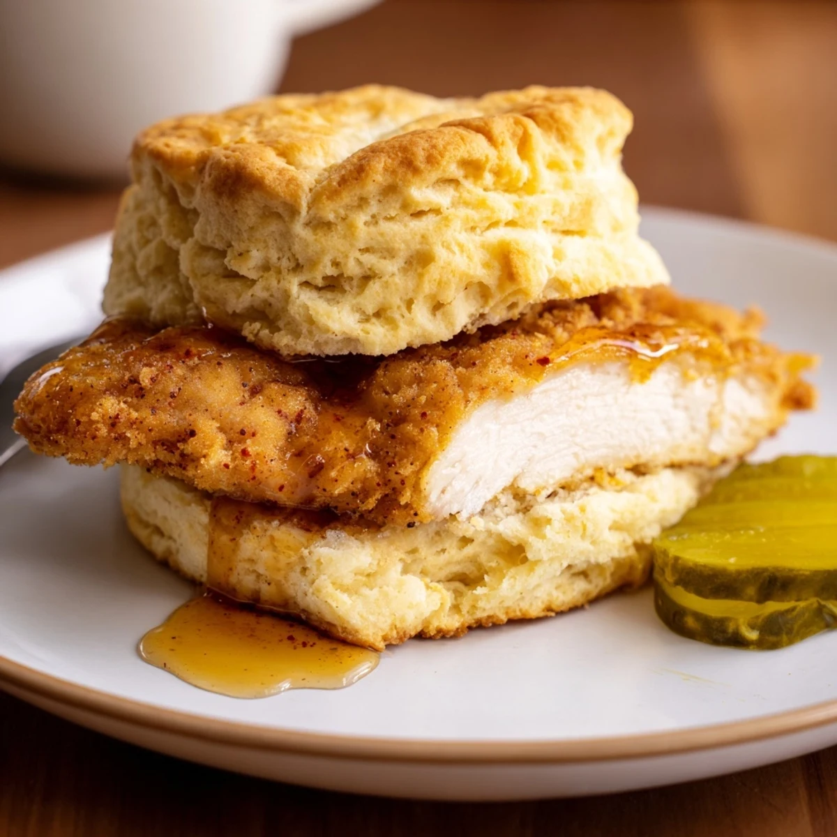 Crisp Hot Honey Chicken Biscuits served with tangy pickle slices and iced tea