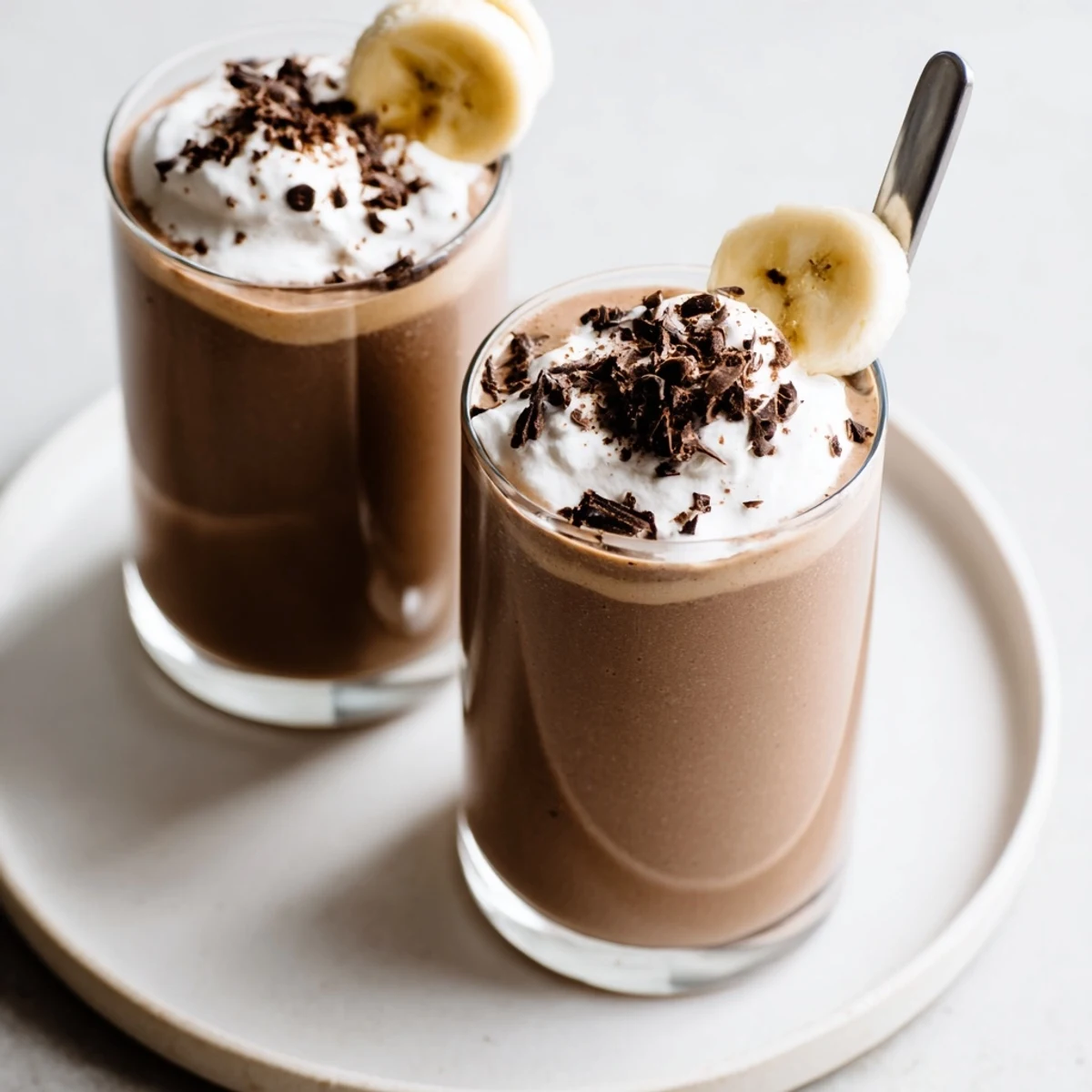 Chocolate Peanut Butter Smoothie poured into glass, creamy swirls and crushed peanuts.