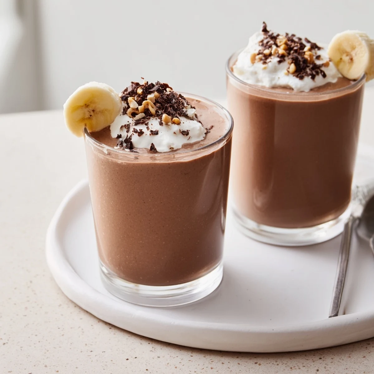 Two glasses of chilled Chocolate Peanut Butter Smoothie garnished with banana slices.