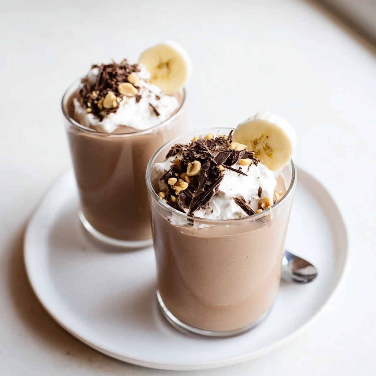 Thick Chocolate Peanut Butter Smoothie with whipped cream, chocolate shavings on top.