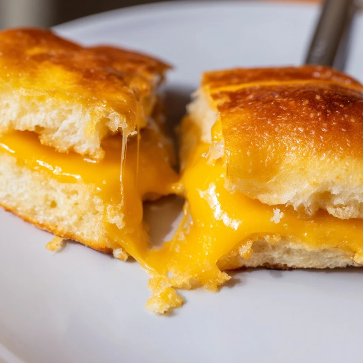 Mini Grilled Cheese Hawaiian Rolls with golden tops and gooey melted cheddar