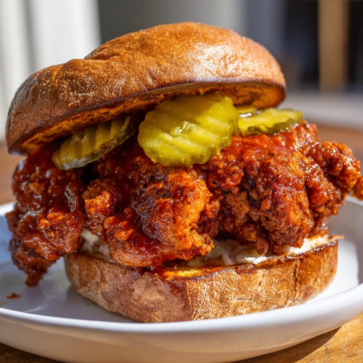 Spicy Nashville Hot Chicken Sandwiches with crispy golden crust, pickles, creamy slaw