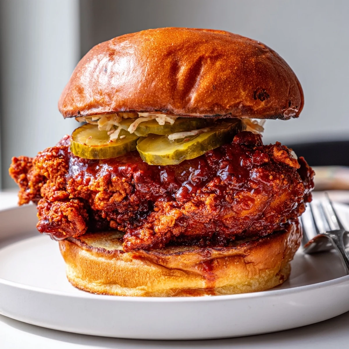 Spicy Nashville Hot Chicken Sandwiches brushed with fiery oil, served alongside sweet iced tea