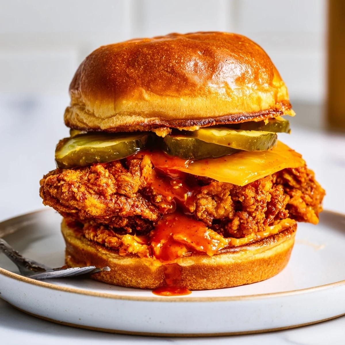 Close-up of juicy Spicy Nashville Hot Chicken Sandwiches on toasted buttery brioche