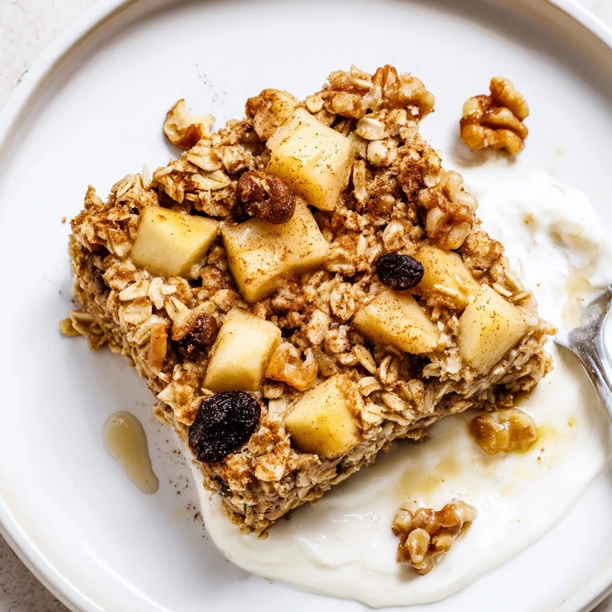 Warm slice of Delicious Apple Cinnamon Oatmeal Bake Recipe For Mornings topped with yogurt