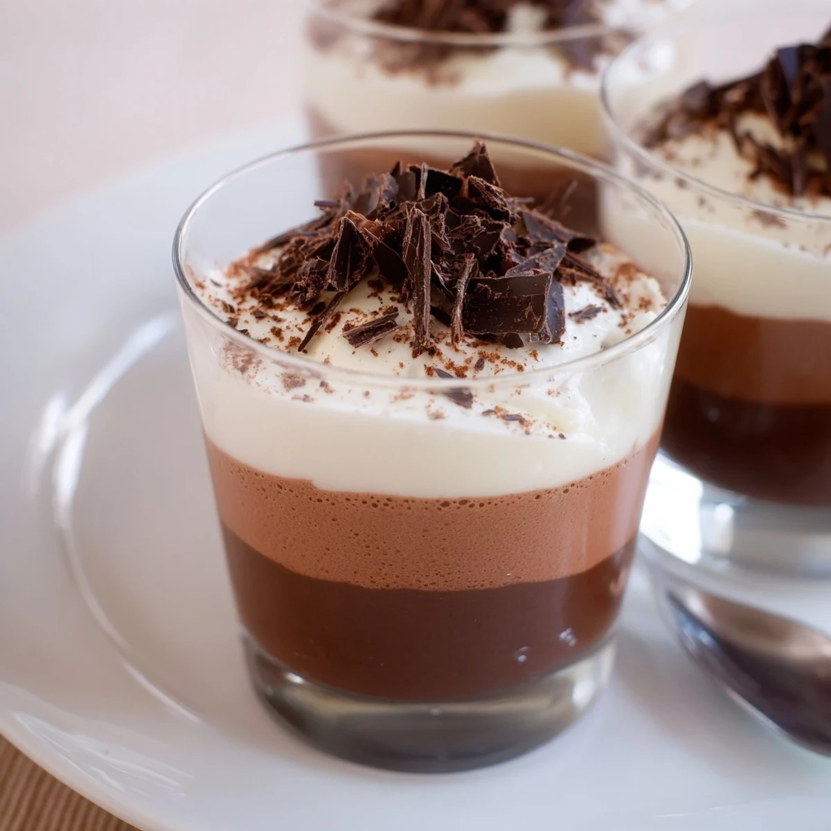 Six Triple Chocolate Mousse Cups served with spoons, airy textures and rich chocolate
