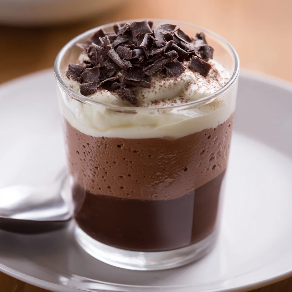 Individual Triple Chocolate Mousse Cups chilled with cocoa dusting and shaved chocolate
