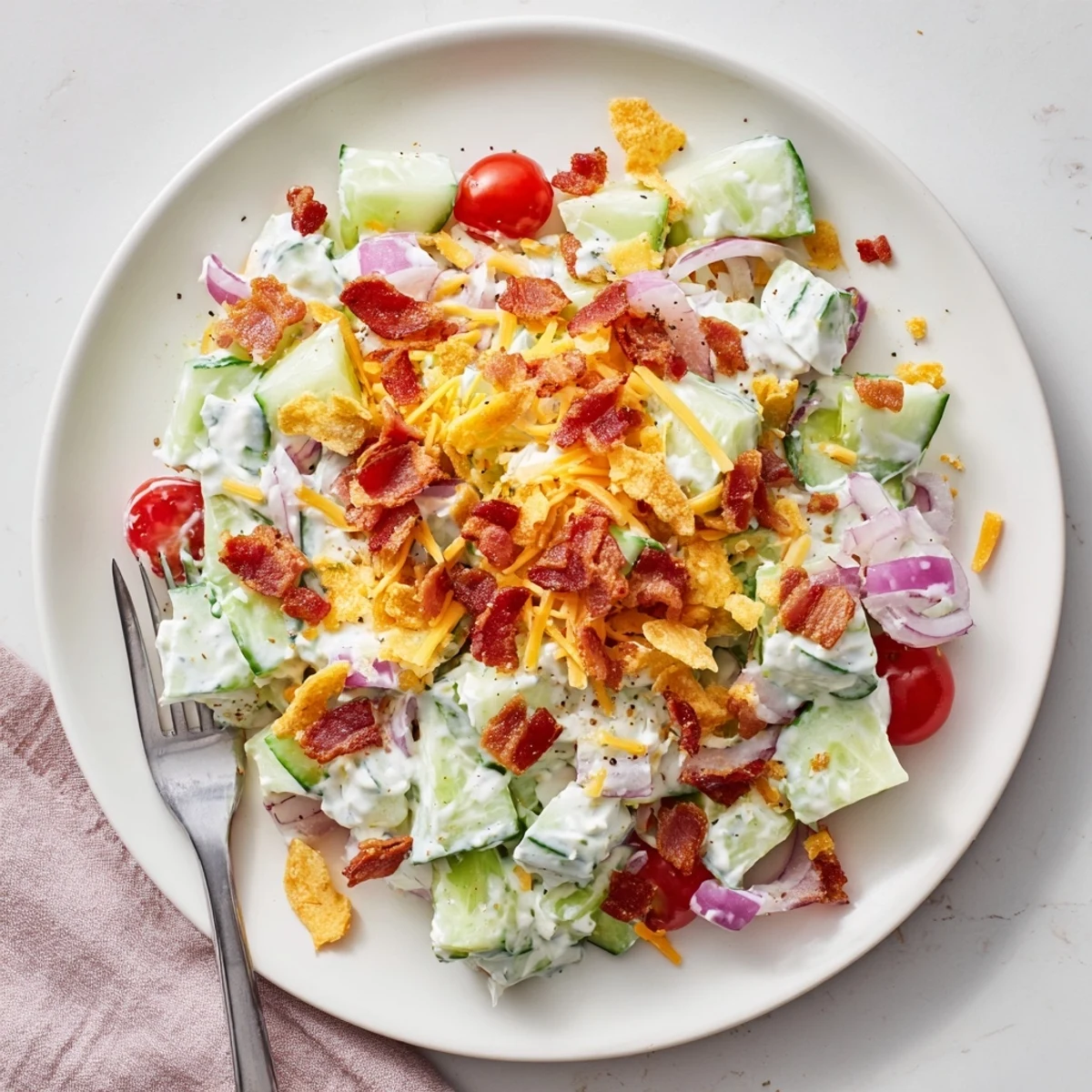 Creamy Cucumber Ranch Crack Salad with cherry tomatoes, sour cream dressing, chives.