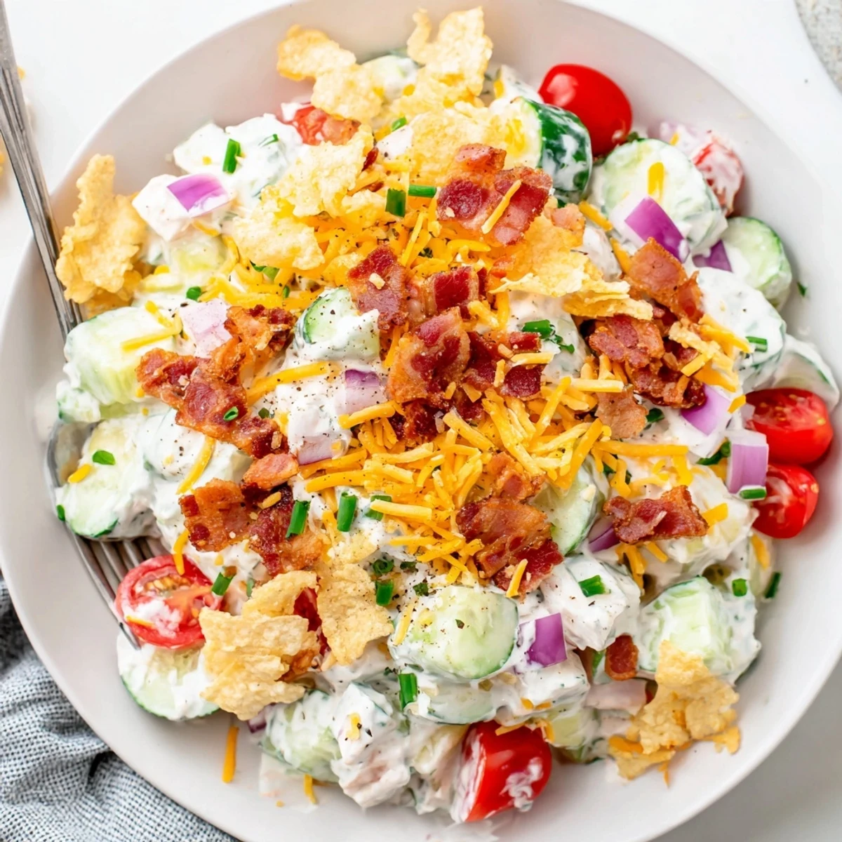 Cucumber Ranch Crack Salad served chilled at potlucks, topped with extra crumbled bacon.