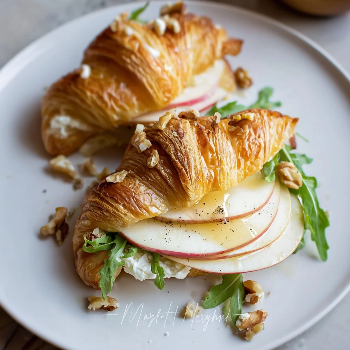 Apple Goat Cheese Croissant Sandwich on a buttery croissant, arugula adding peppery bite