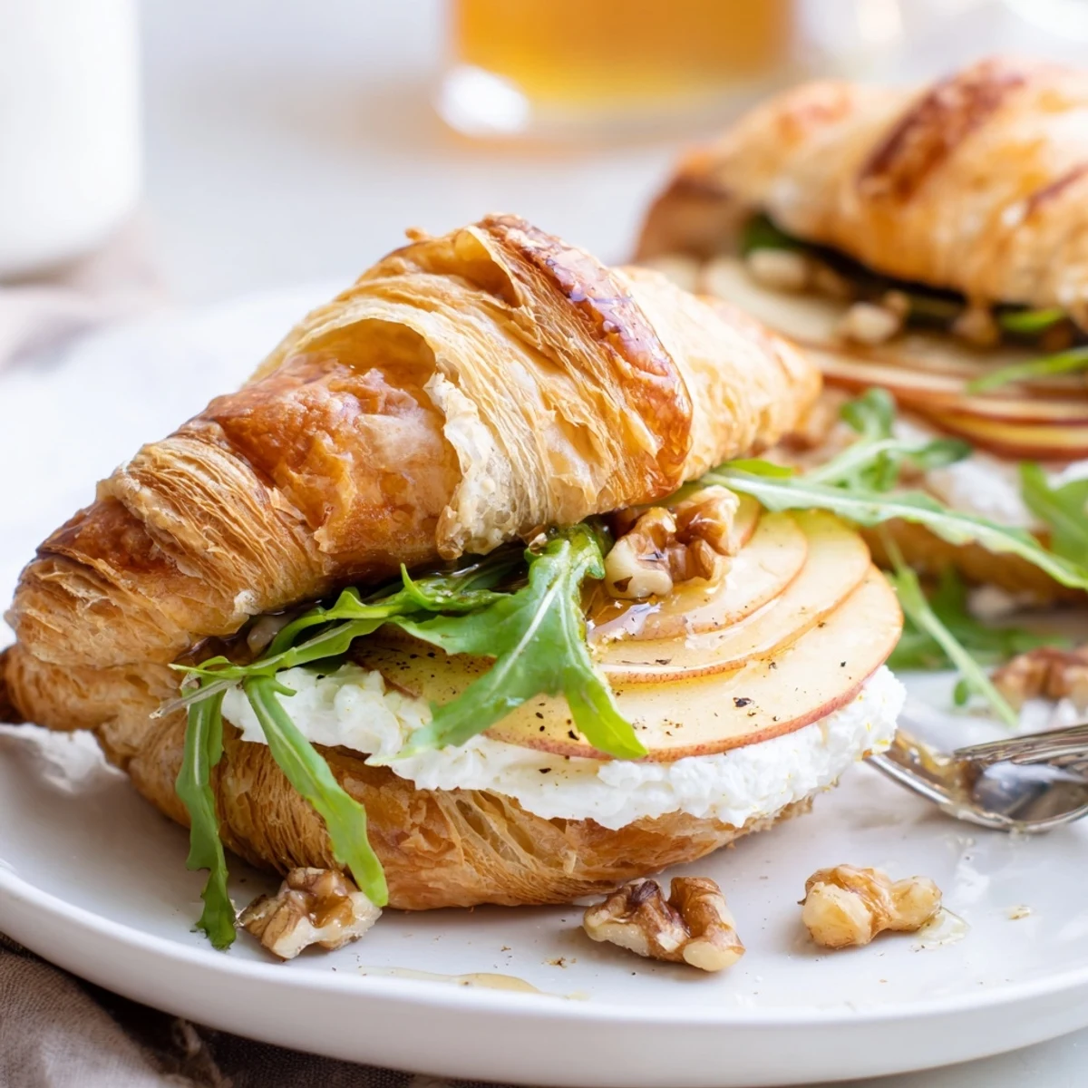 Apple Goat Cheese Croissant Sandwich drizzled with honey, sprinkled with chopped walnuts