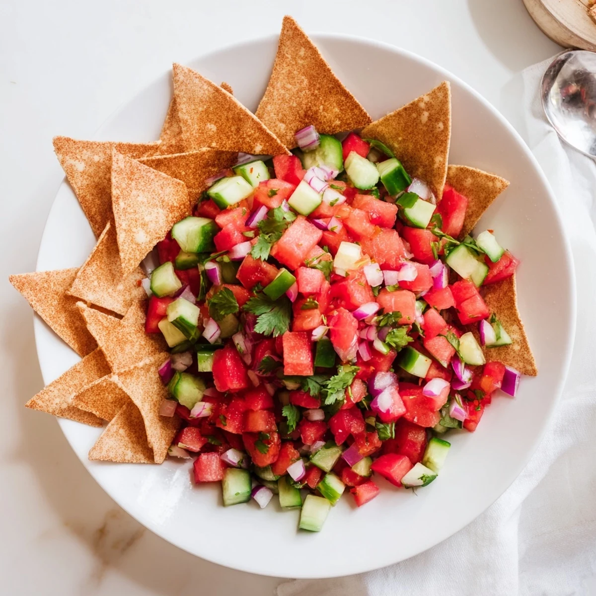 Fresh watermelon salsa with colorful diced vegetables served alongside warm cinnamon-sugar coated tortilla chips