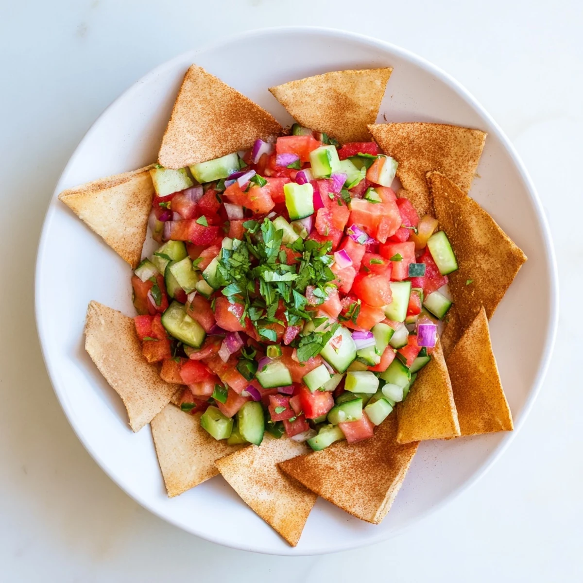 Golden brown cinnamon tortilla chips arranged next to a vibrant bowl of refreshing watermelon salsa with lime