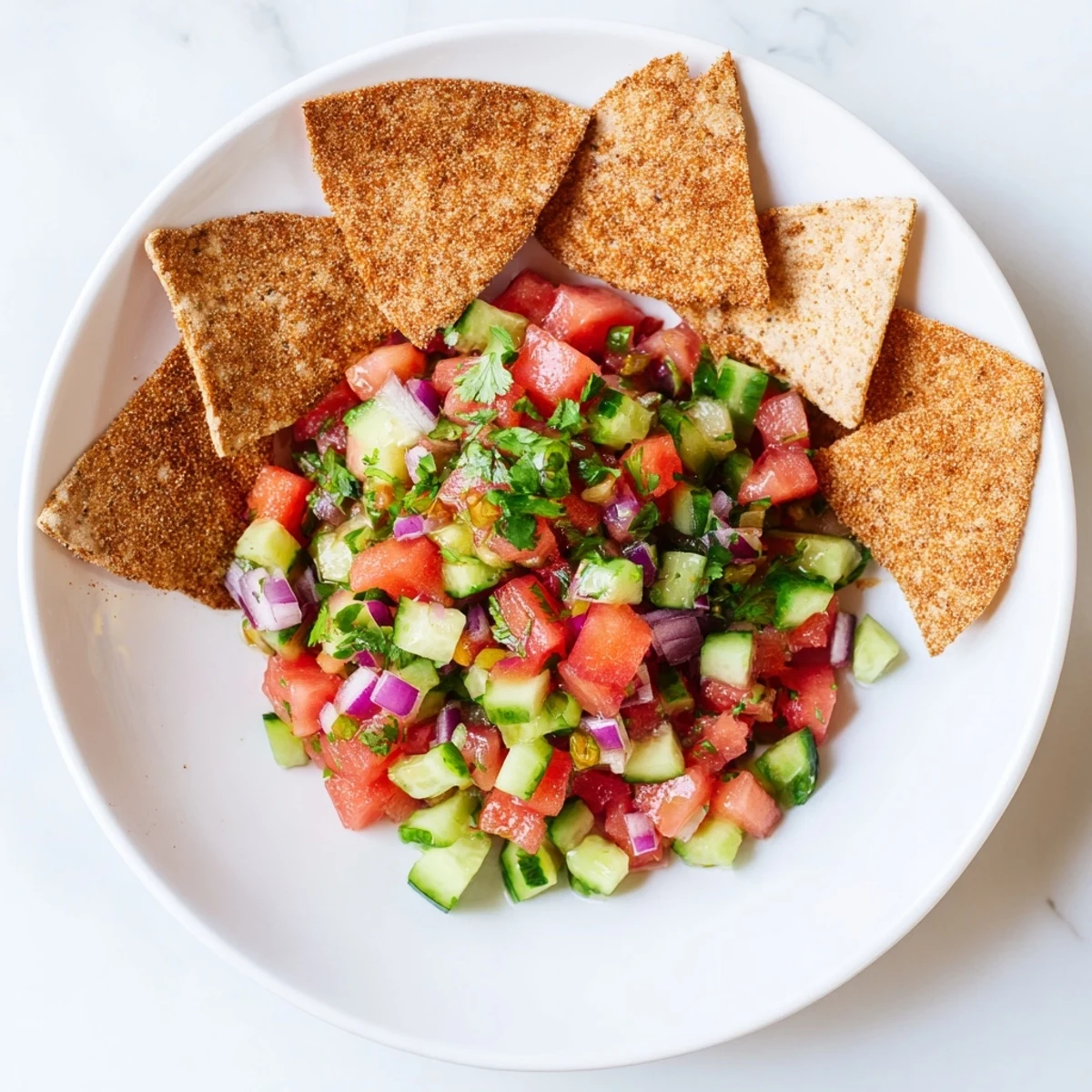 Bowl of juicy watermelon salsa featuring cucumber, bell pepper, and cilantro paired with crispy baked cinnamon chips