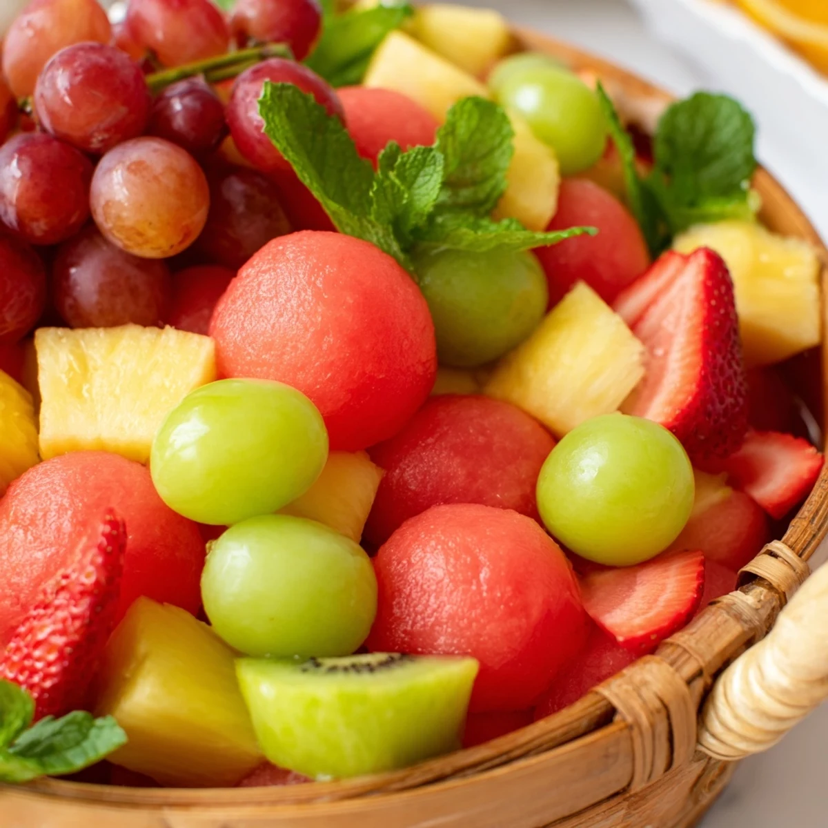 Carved watermelon basket filled with colorful mixed fresh fruit salad for summer parties