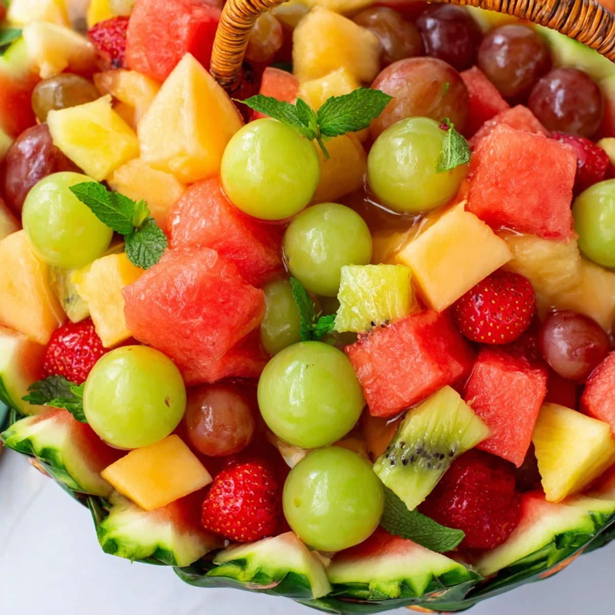 Refreshing watermelon basket displaying assorted tropical fruits on a white serving platter