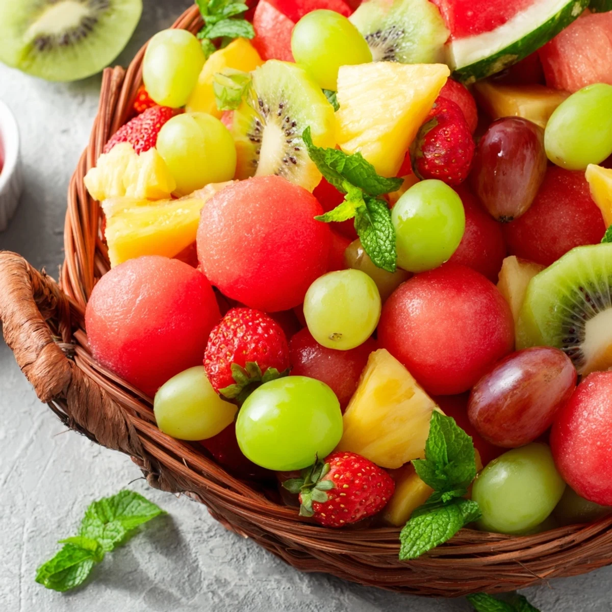 Vibrant fruit salad served inside hollowed-out watermelon basket with mint garnish