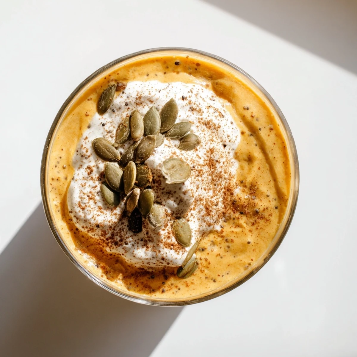 Creamy pumpkin chia refreshment topped with whipped cream and toasted pumpkin seeds in a clear glass