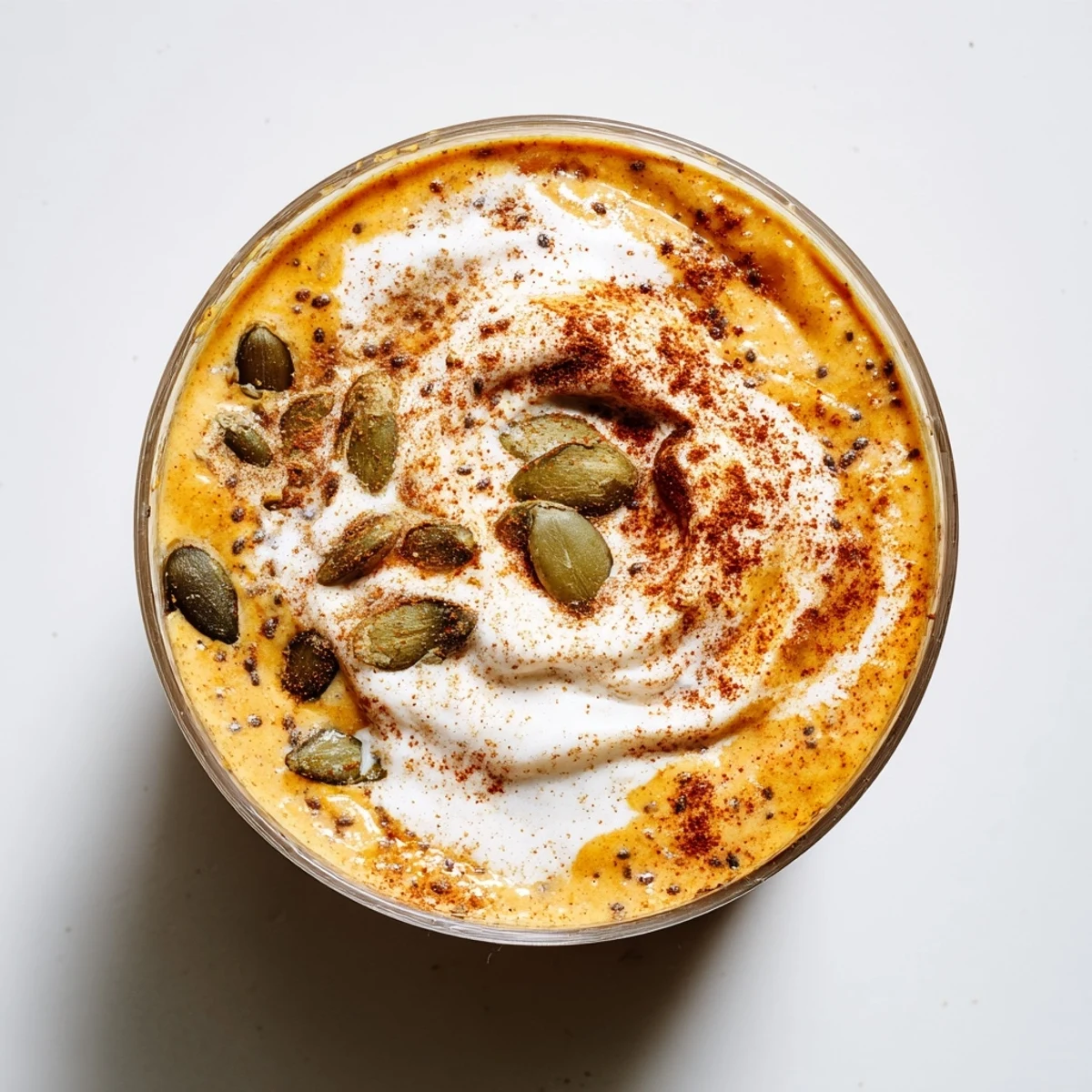 Silky pumpkin chia beverage dusted with cinnamon and garnished with coconut whipped cream
