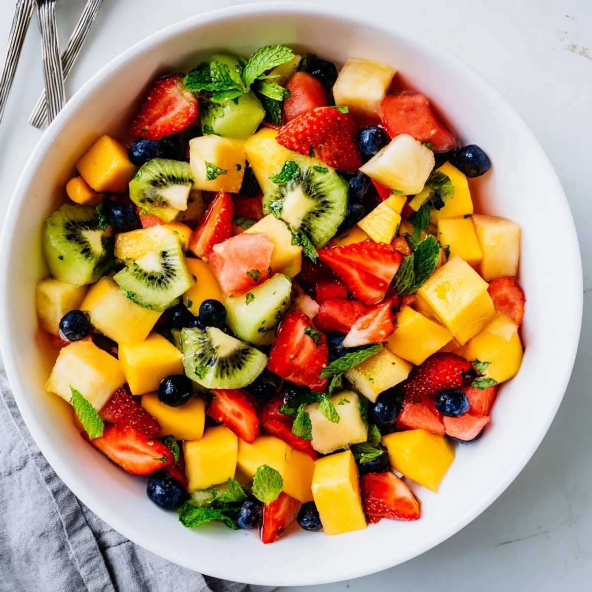 Vibrant seasonal fruit salad glistening with honey citrus glaze and fresh mint garnish