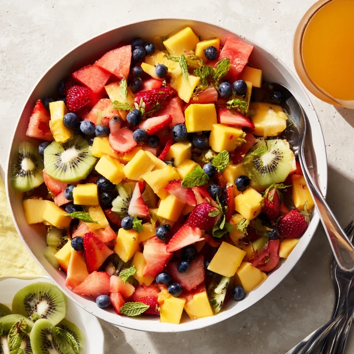 Fresh summer fruit medley tossed in zesty lime orange dressing with mint leaves