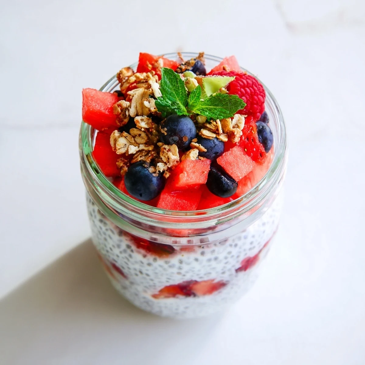 Glass jar layered with creamy chia pudding and vibrant watermelon chunks for this refreshing Watermelon Chia Parfait