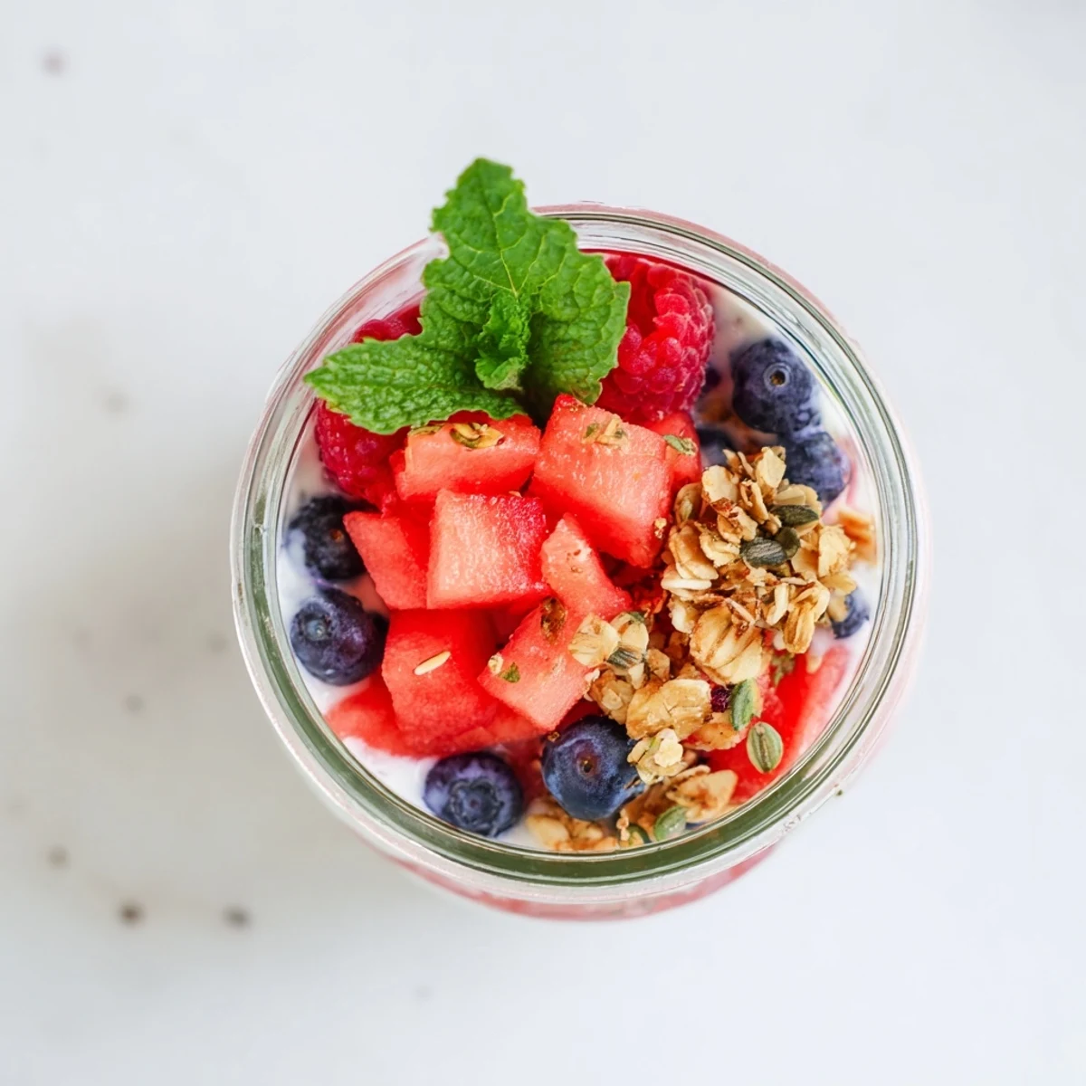 Summer dessert bowl showcasing Watermelon Chia Parfait topped with fresh berries, granola, and mint leaves