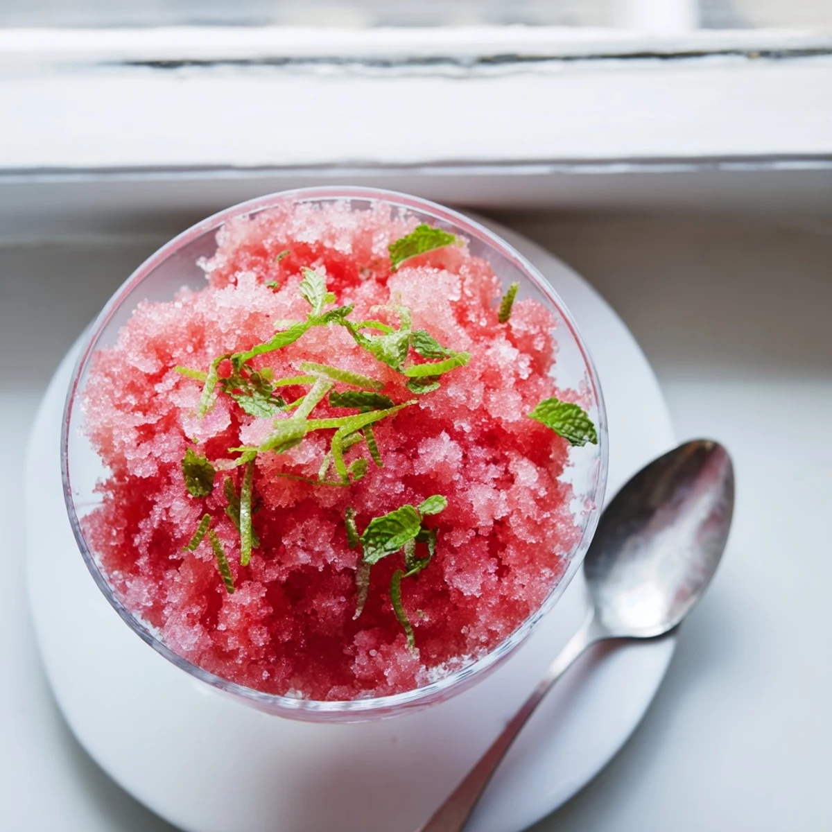 Refreshing watermelon granita served in chilled glasses with mint garnish on a bright summer day