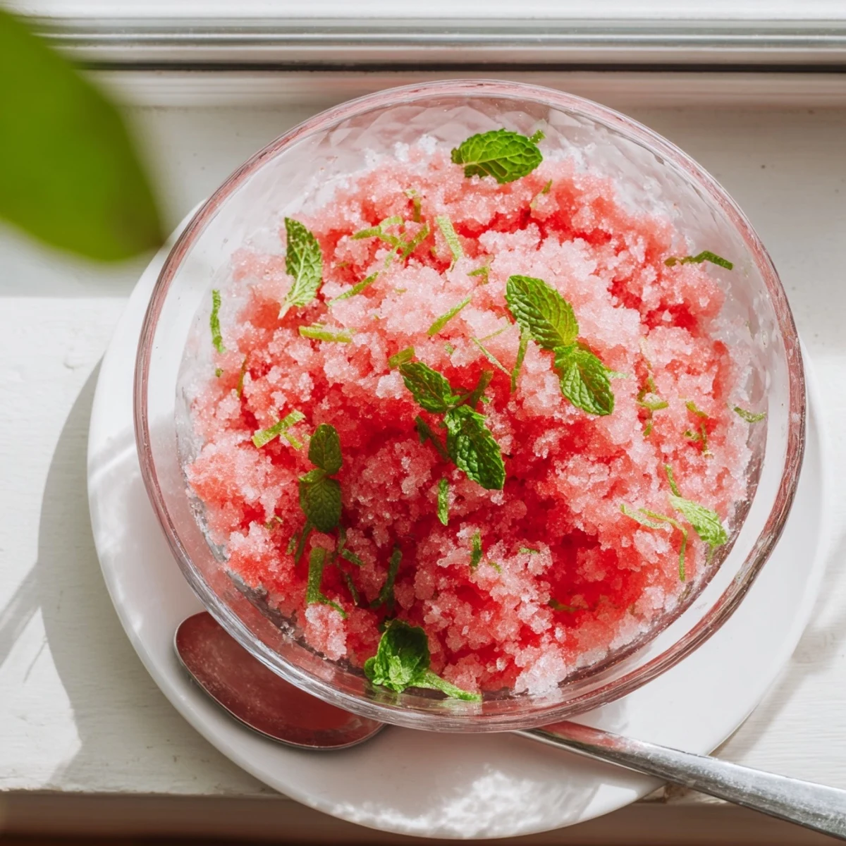 Fluffy pink watermelon granita with icy crystals scraped into a light, sweet Italian dessert bowl