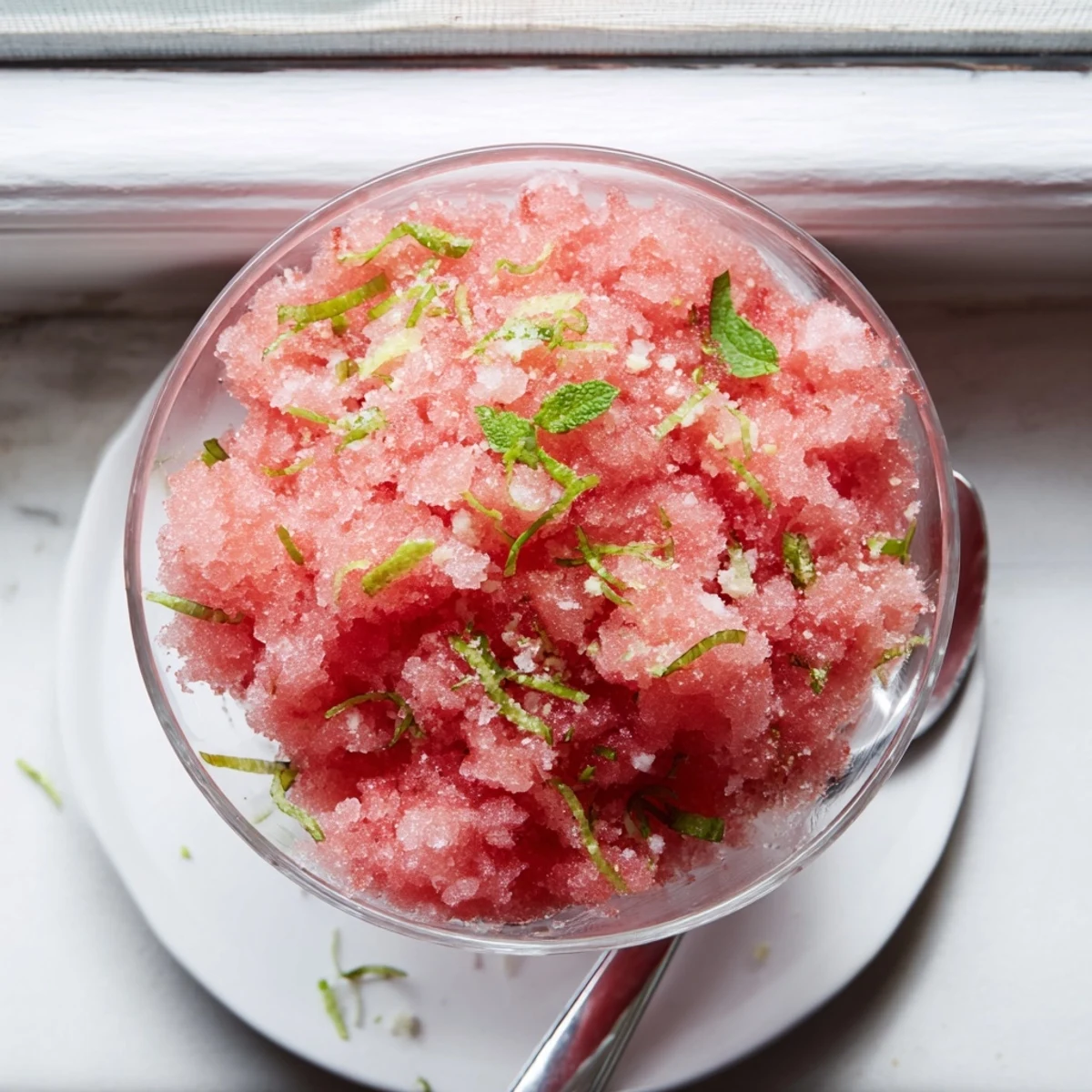 Vegan watermelon granita dessert with lime and mint, perfect for hot weather entertaining and simple freezing
