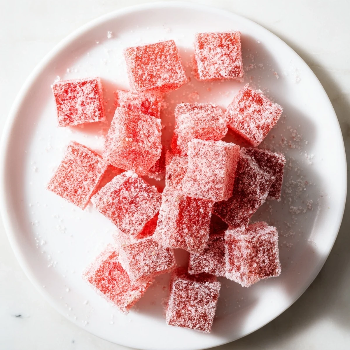 Bright pink sour watermelon fruit chews arranged on white plate for serving