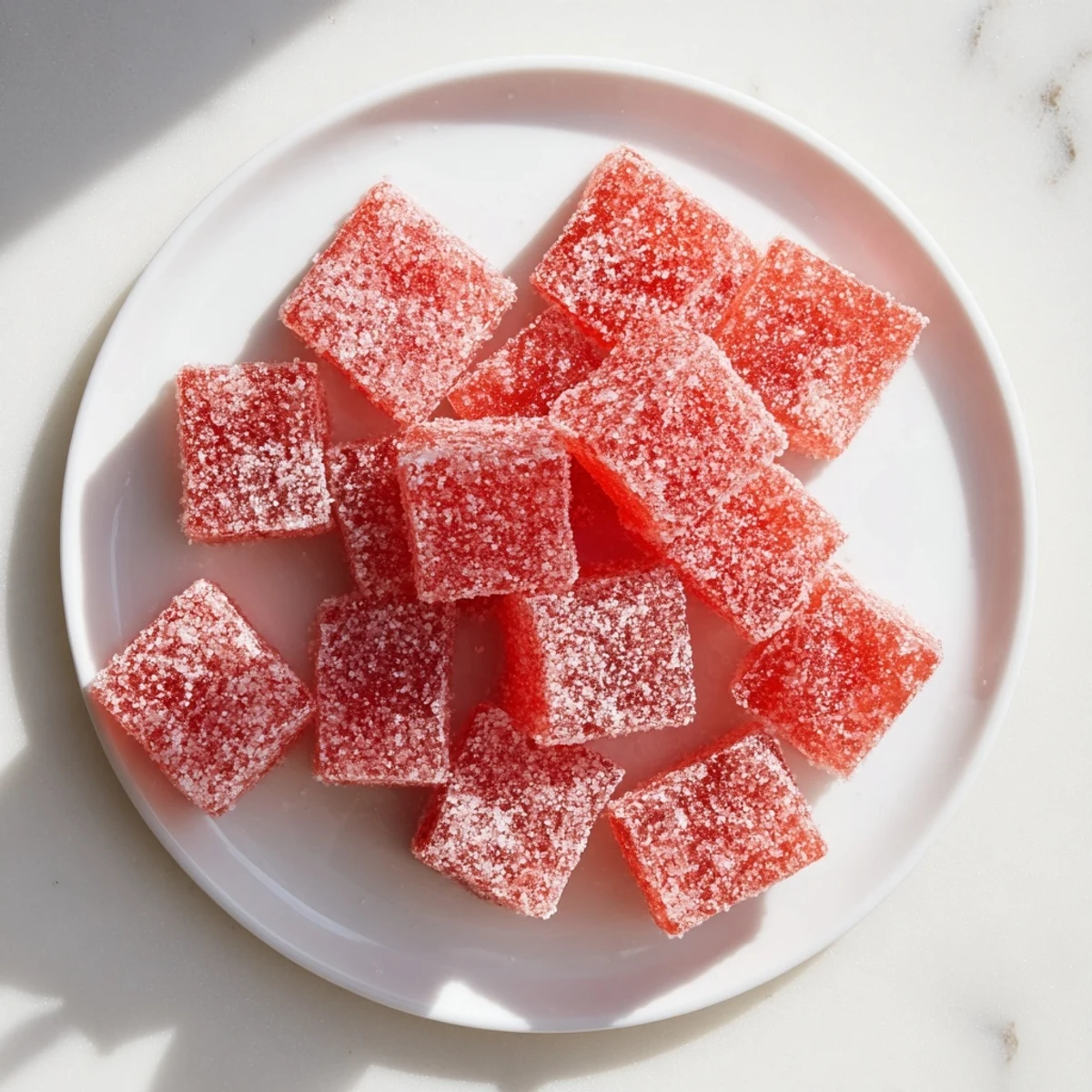 Homemade sour watermelon fruit chews cut into bite-sized squares with tangy coating