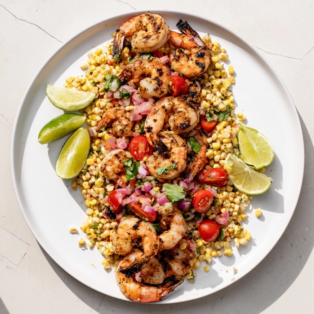 Golden grilled shrimp with blacked edges resting atop colorful fresh corn salsa with red tomatoes