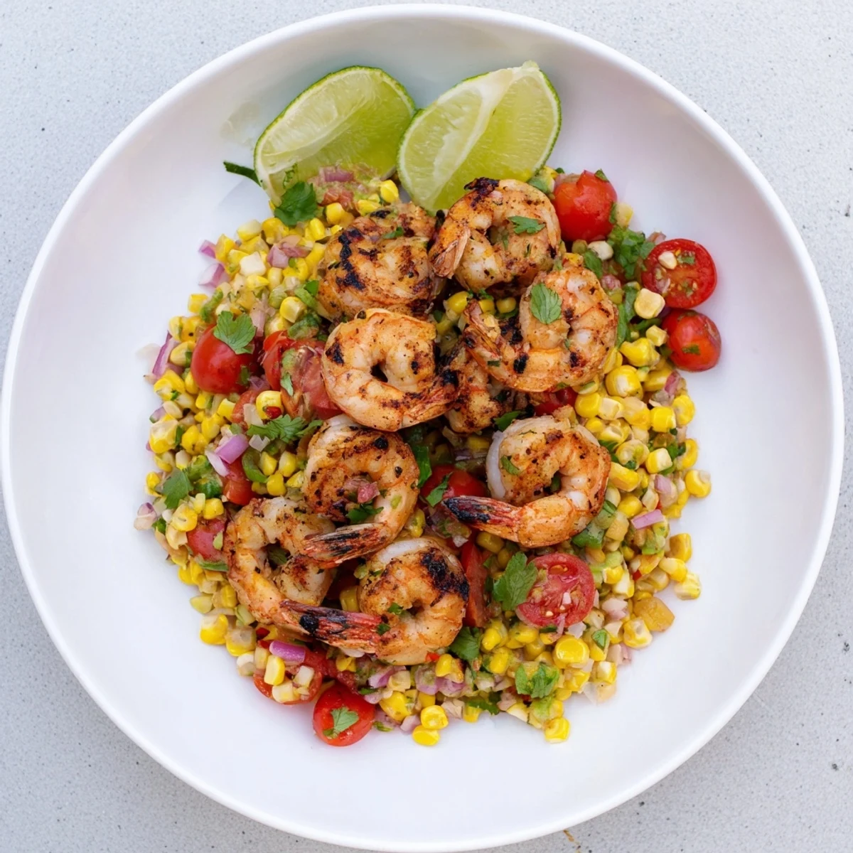 Spicy smoky charred shrimp skewers served over a vibrant crunchy corn and tomato salsa mixture