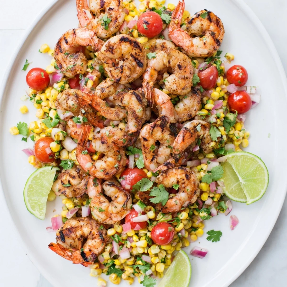 Plate of seasoned grilled shrimp paired with zesty lime corn salsa featuring cilantro and jalapeño