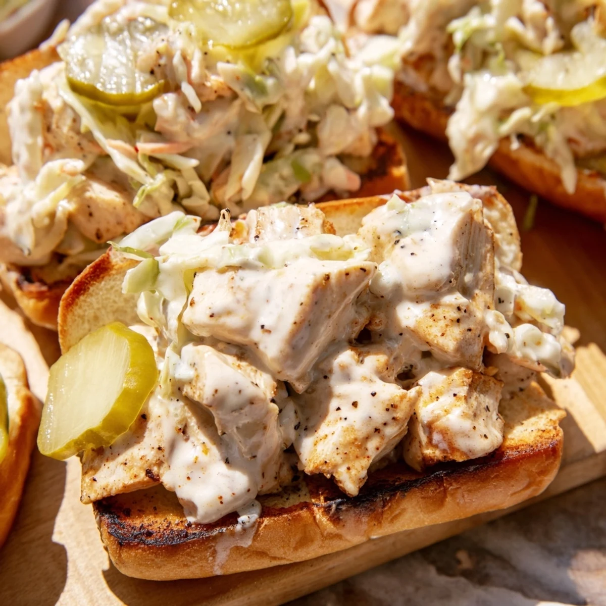 Golden Alabama BBQ chicken sandwich topped with crisp coleslaw and tangy white sauce on a toasted bun