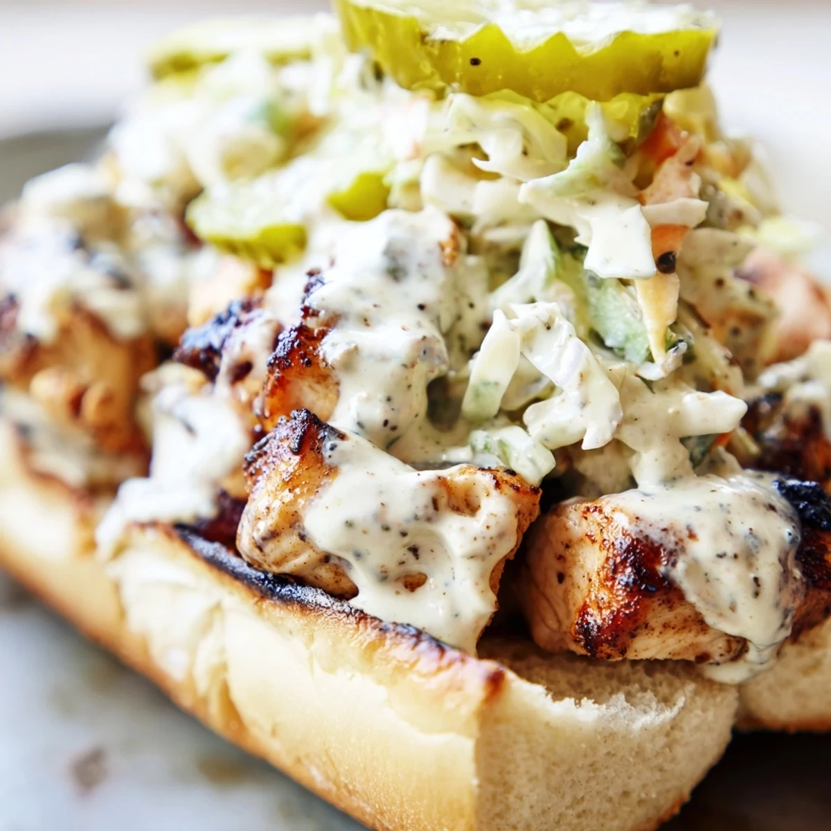 Southern-style chopped sandwich featuring smoky chicken drizzled with white BBQ sauce and crunchy pickles